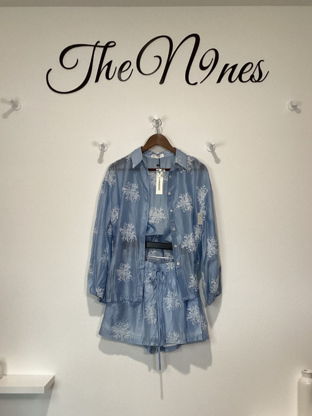 Commence Pastel Blue Long Sleeve Short Set w/ Embroidery Small NWT
